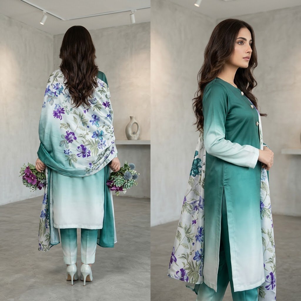 3-Piece Multishaded Digital Printed Silky Airline Suit - Unstitched