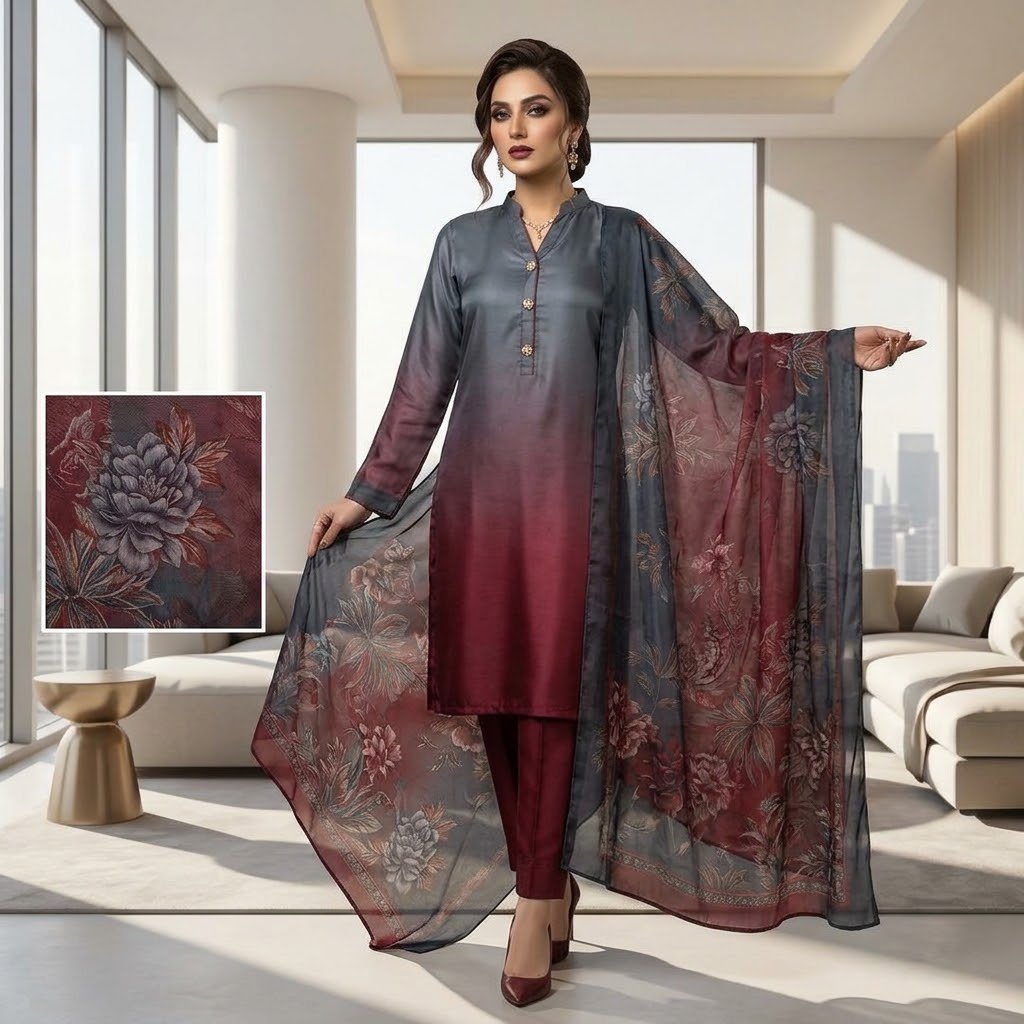 3-Piece Multishaded Digital Printed Silky Airline Suit - Elevate your style with this elegant 3-piece multishaded digital printed Silky Airline suit. Featuring a beautiful blend