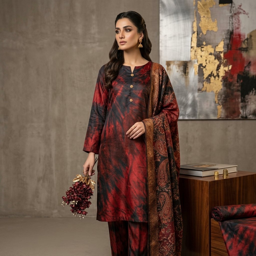 3-Piece Multi-Shaded Digital Printed Silky Suit - Maroon